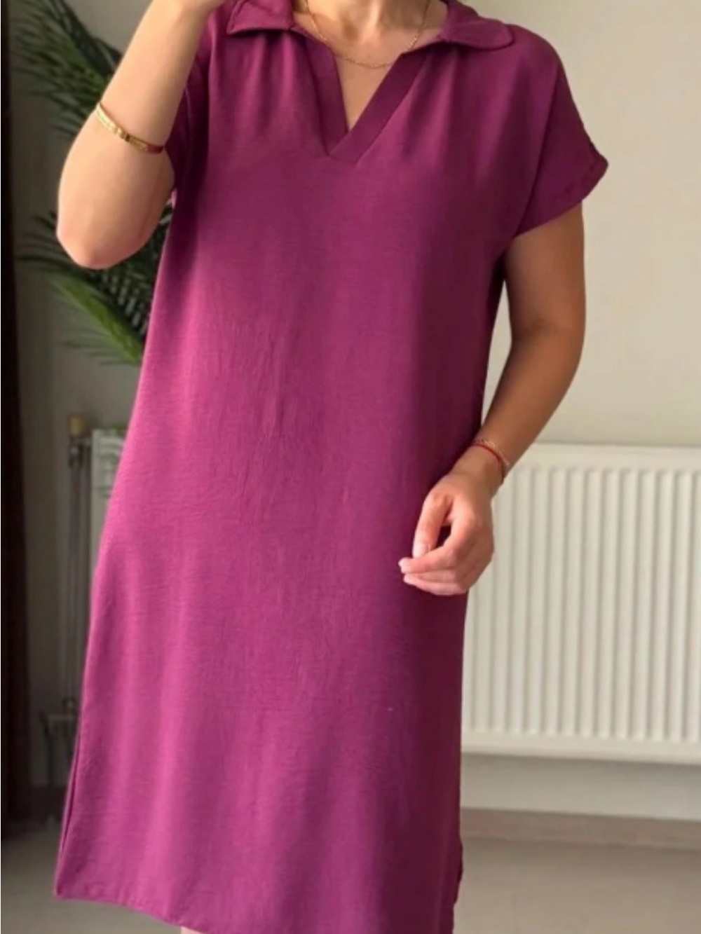Women’s Collared V-Neck Organic Cotton Shift Dress sz L - Magenta